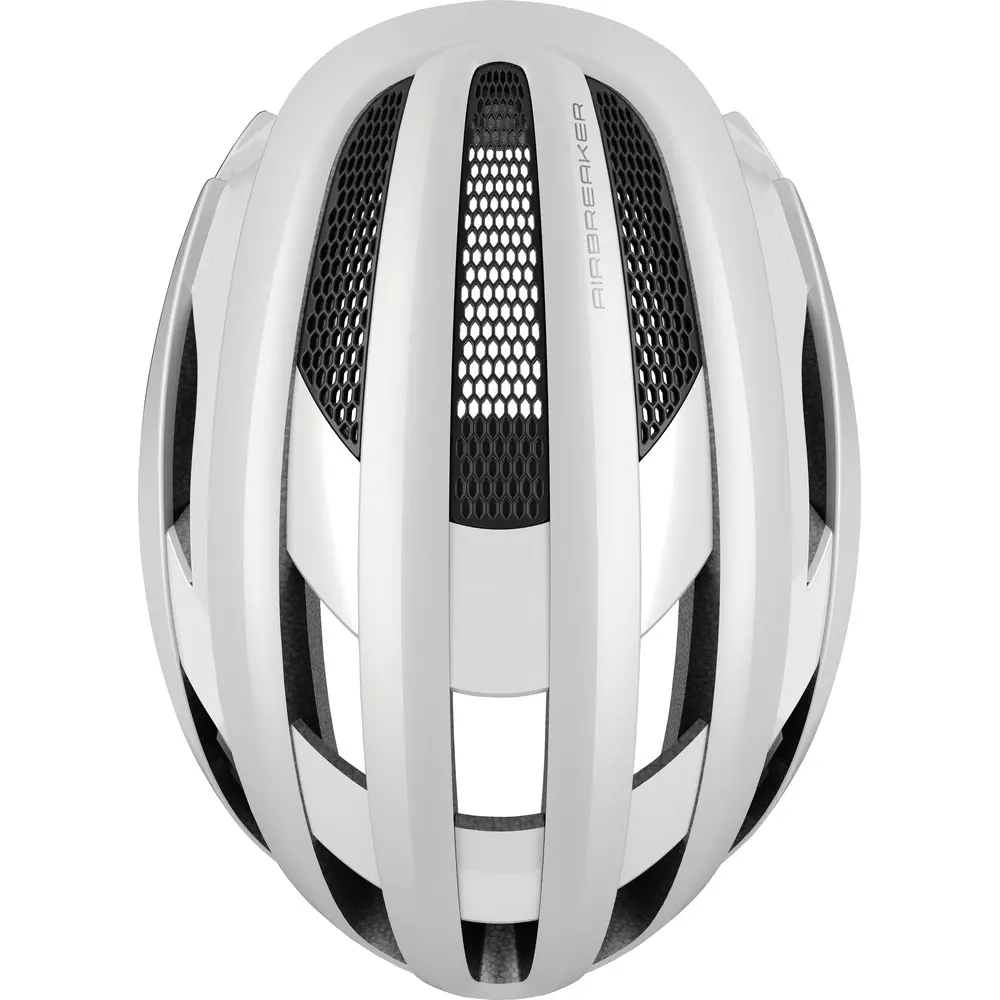 Casco ultraligero de ciclismo Abus Airbreaker blanco de perfil escalador