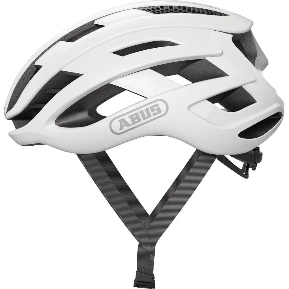 Casco ultraligero de ciclismo Abus Airbreaker blanco de perfil escalador